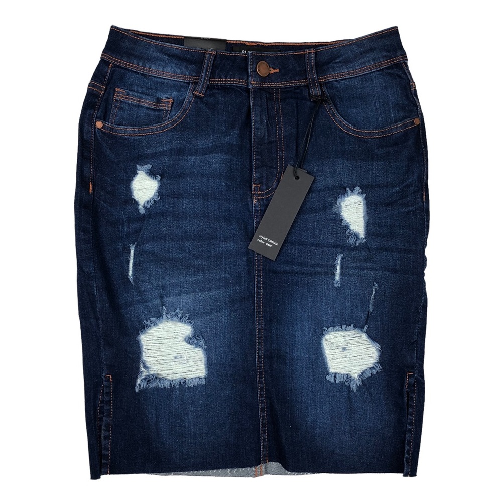 Black Label C’est Toi Denim Skirt Distressed Midi Jean Frayed Hem Size Small